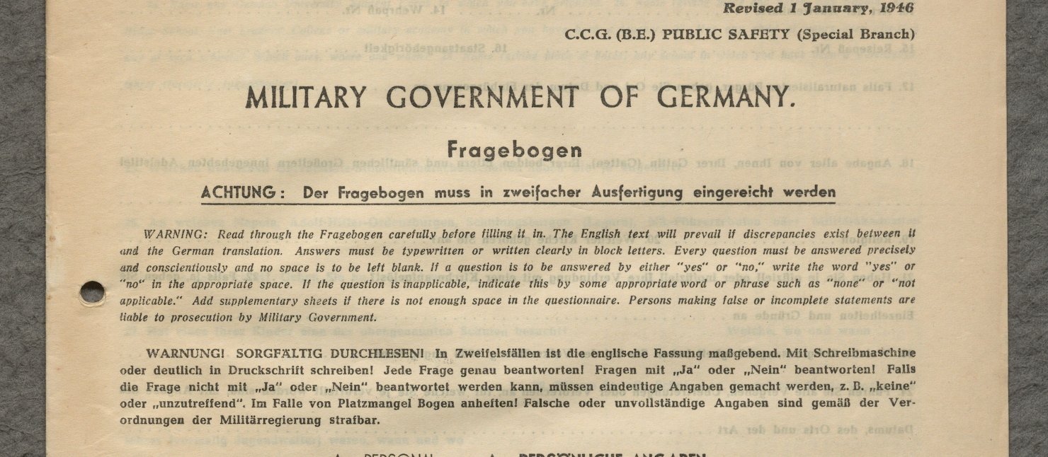 Blankobogen zur Entnazifizierung Fragebogen zur Entnazifizierung nicht ausgefüllt