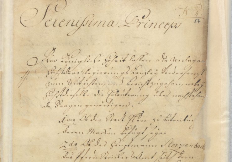 Ein vergilbtes Blatt Papier mit einer geschwungenen handschriftllichen Aufschrift